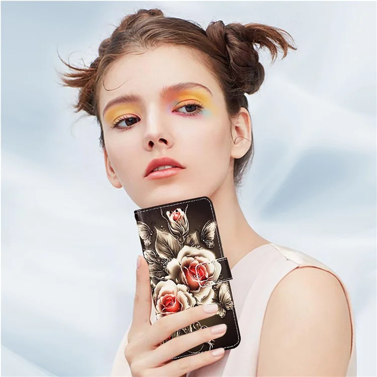 For OnePlus Nord CE4 5G Leather Case with Strap and Card Holder Pattern Printing Phone Stand Cover - Rose