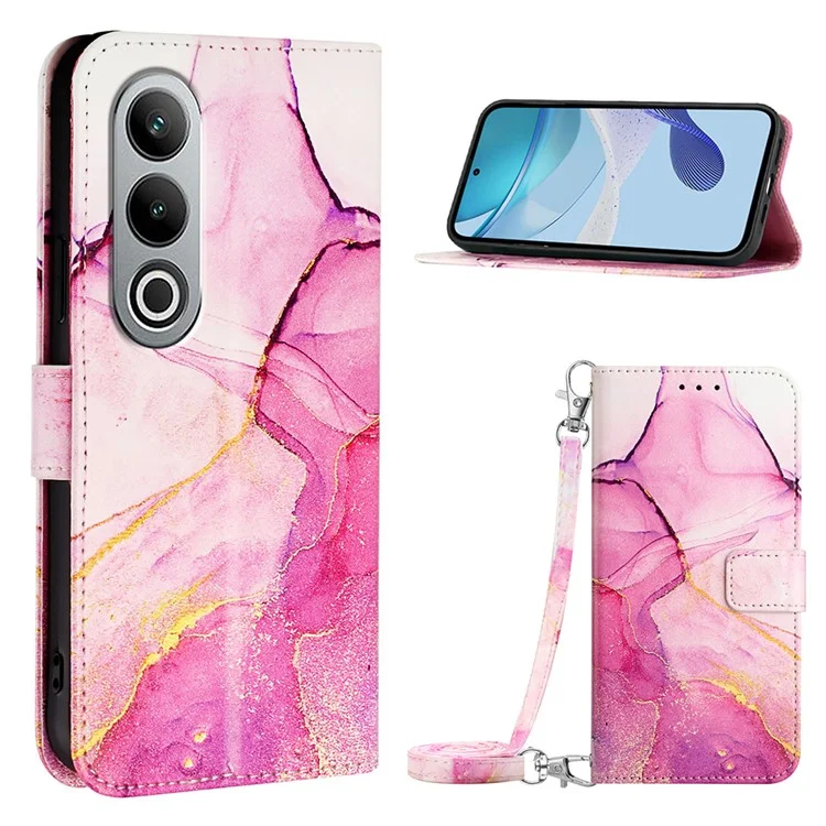 For OnePlus Nord CE4 5G Leather Case with Shoulder Strap Marble Pattern Phone Stand Cover - Pink  /  Purple / Gold LS001