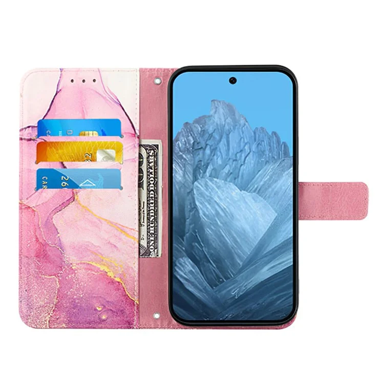 For OnePlus Nord CE4 5G Leather Case with Shoulder Strap Marble Pattern Phone Stand Cover - Pink  /  Purple / Gold LS001