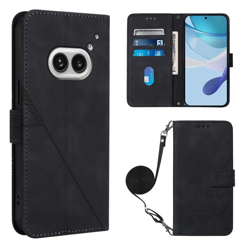 For Nothing Phone (2a) Plus / Phone (2a) Leather Case with Shoulder Strap Wallet Stand Phone Cover - Black