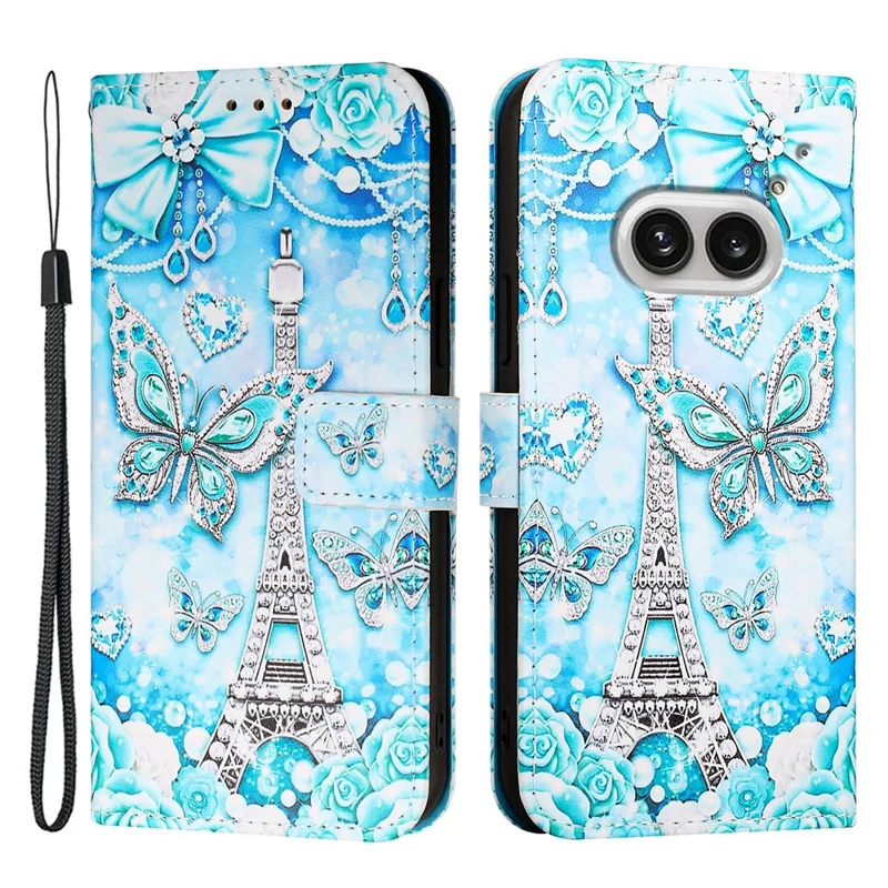 For Nothing Phone (2a) Plus / Phone (2a) Leather Case with Strap and Card Holder Pattern Printing Phone Stand Cover - Eiffel Tower and Butterfly