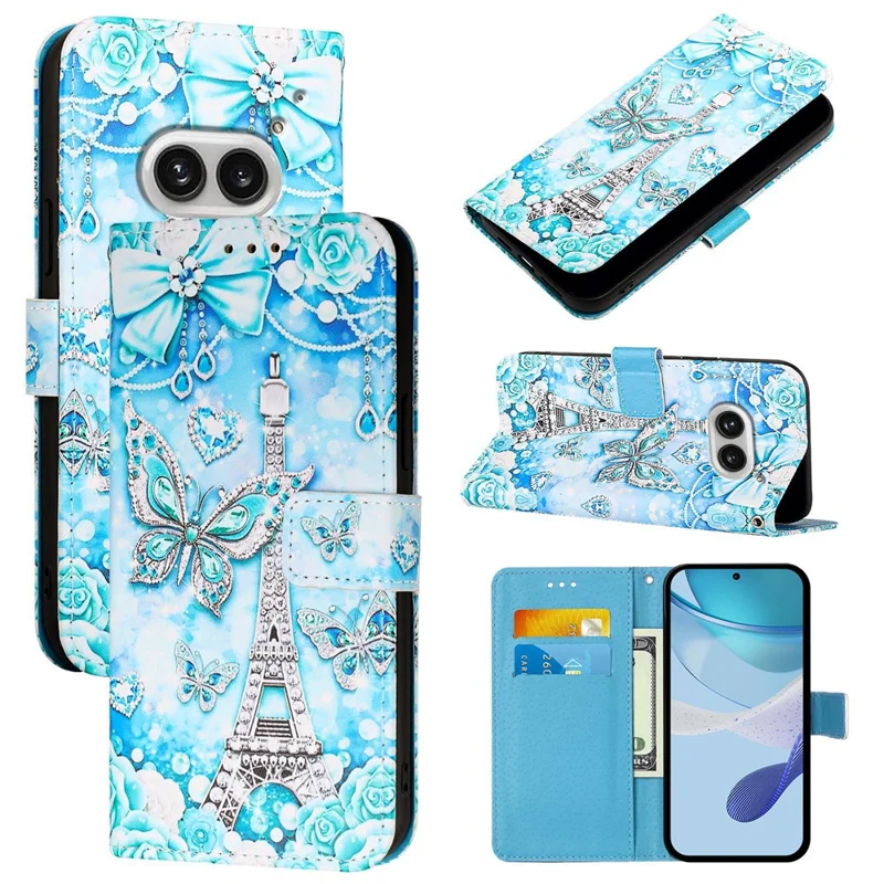 For Nothing Phone (2a) Plus / Phone (2a) Leather Case with Strap and Card Holder Pattern Printing Phone Stand Cover - Eiffel Tower and Butterfly