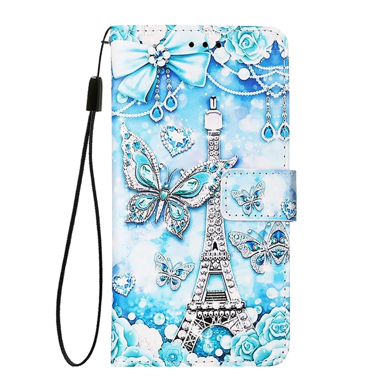 For Nothing Phone (2a) Plus / Phone (2a) Leather Case with Strap and Card Holder Pattern Printing Phone Stand Cover - Eiffel Tower and Butterfly