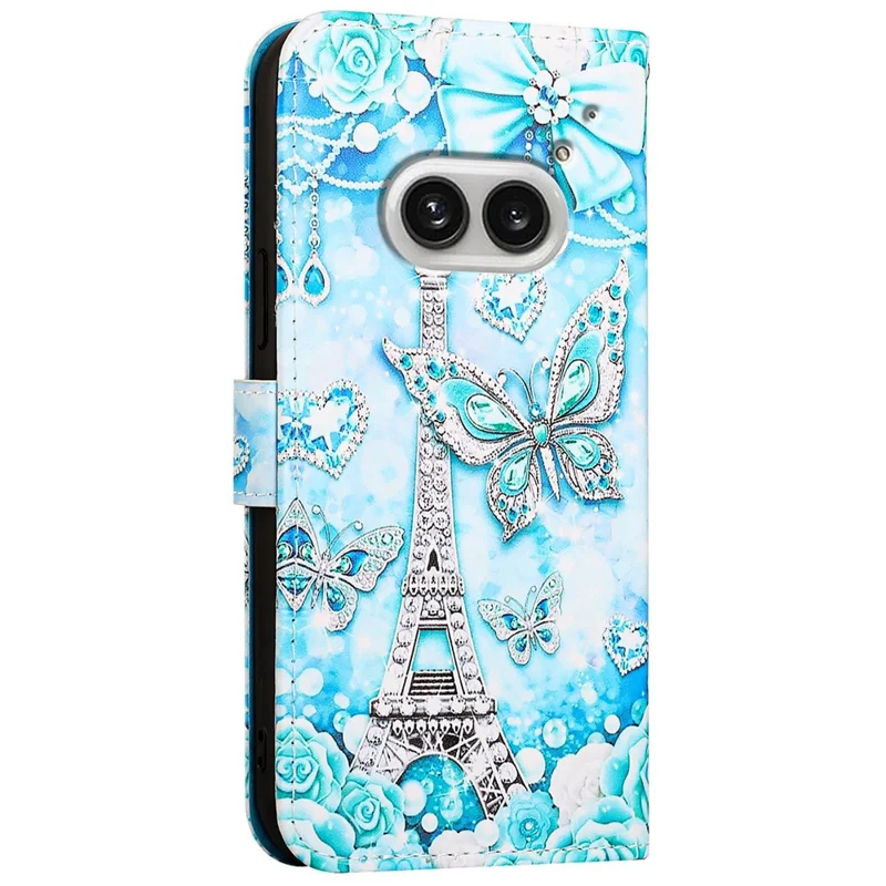 For Nothing Phone (2a) Plus / Phone (2a) Leather Case with Strap and Card Holder Pattern Printing Phone Stand Cover - Eiffel Tower and Butterfly