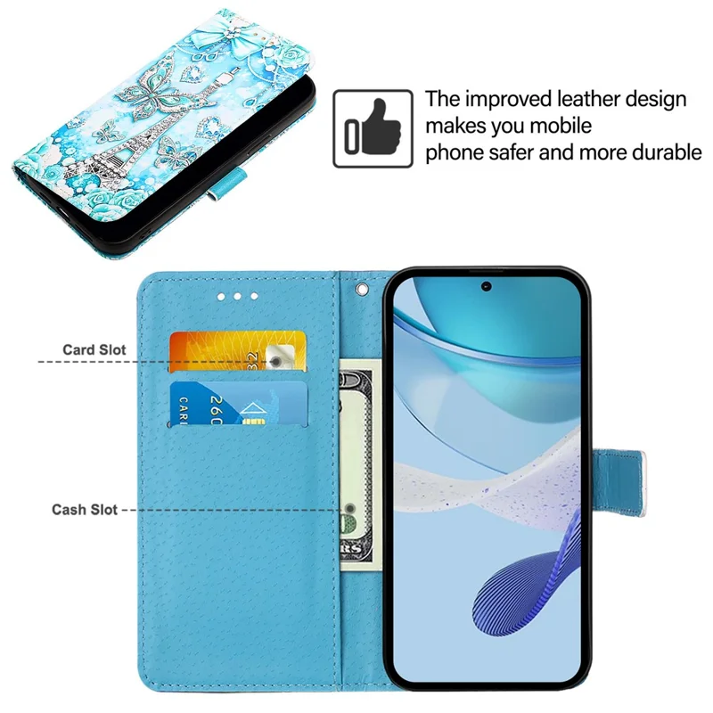For Nothing Phone (2a) Plus / Phone (2a) Leather Case with Strap and Card Holder Pattern Printing Phone Stand Cover - Eiffel Tower and Butterfly