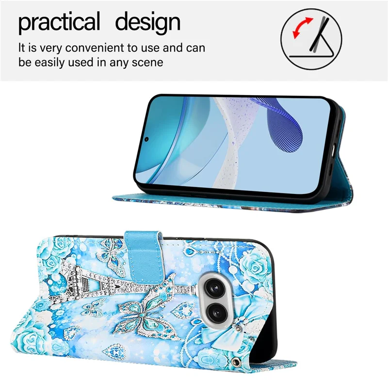 For Nothing Phone (2a) Plus / Phone (2a) Leather Case with Strap and Card Holder Pattern Printing Phone Stand Cover - Eiffel Tower and Butterfly