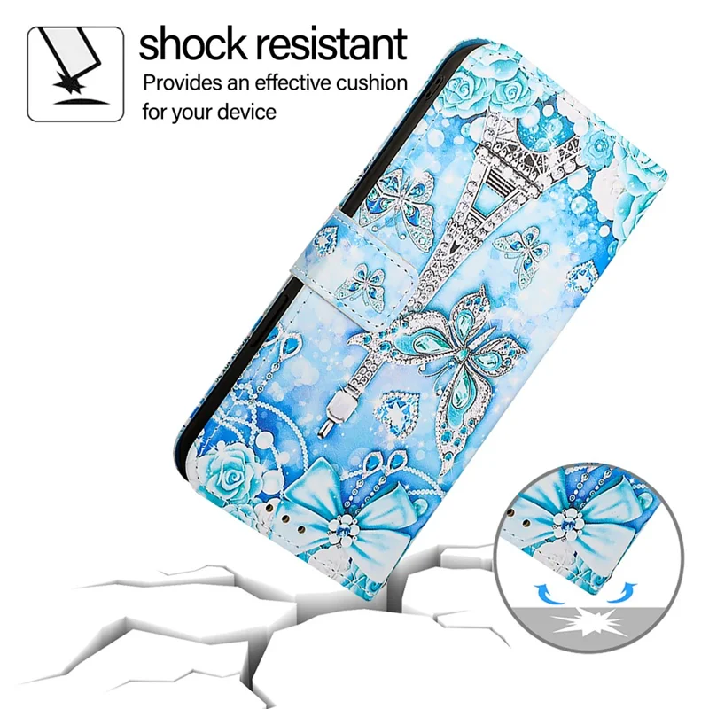 For Nothing Phone (2a) Plus / Phone (2a) Leather Case with Strap and Card Holder Pattern Printing Phone Stand Cover - Eiffel Tower and Butterfly