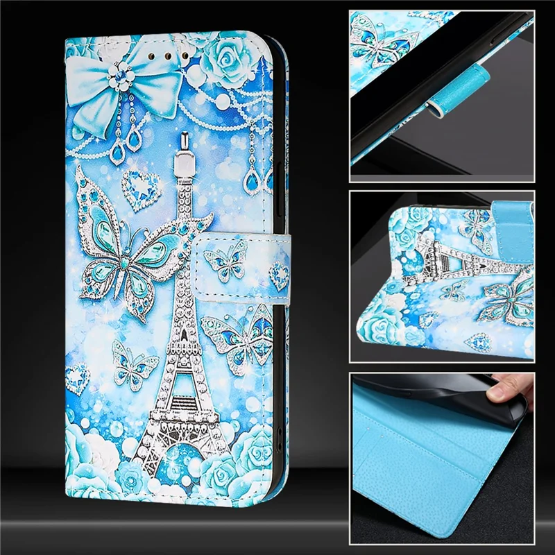 For Nothing Phone (2a) Plus / Phone (2a) Leather Case with Strap and Card Holder Pattern Printing Phone Stand Cover - Eiffel Tower and Butterfly