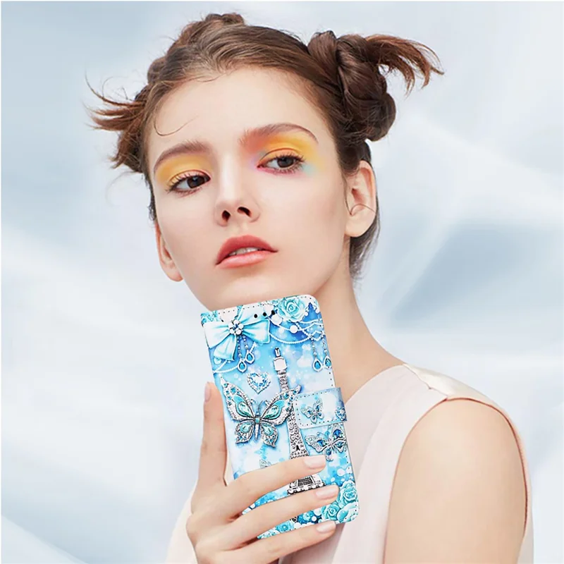 For Nothing Phone (2a) Plus / Phone (2a) Leather Case with Strap and Card Holder Pattern Printing Phone Stand Cover - Eiffel Tower and Butterfly