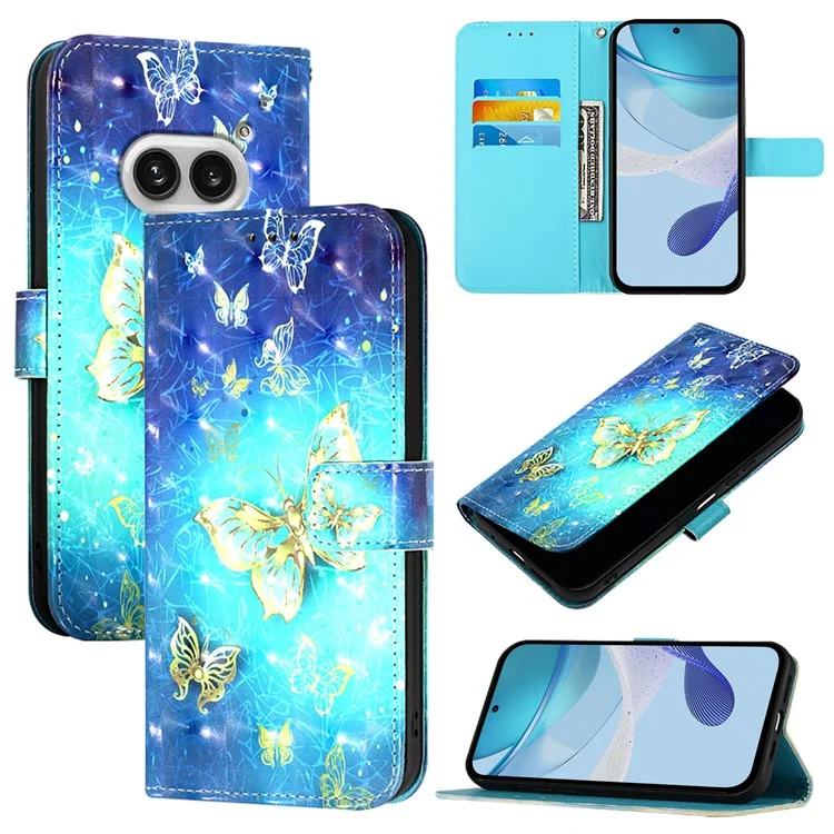 For Nothing Phone (2a) Plus / Phone (2a) Leather Case 3D Pattern Printing Wallet Stand Mobile Cover with Strap - Golden Butterflies