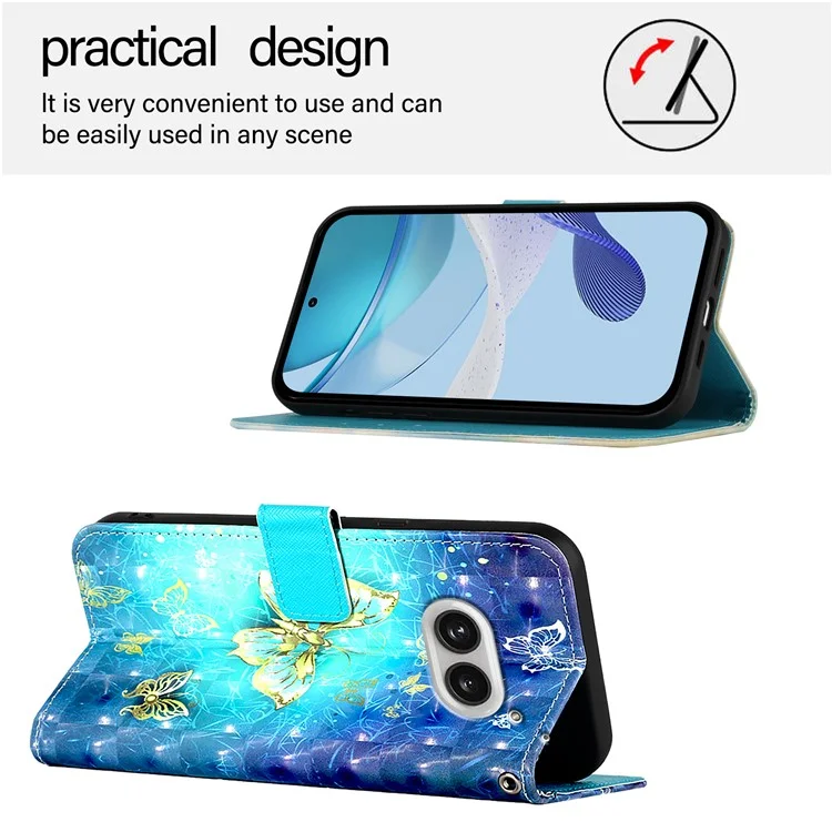 For Nothing Phone (2a) Plus / Phone (2a) Leather Case 3D Pattern Printing Wallet Stand Mobile Cover with Strap - Golden Butterflies