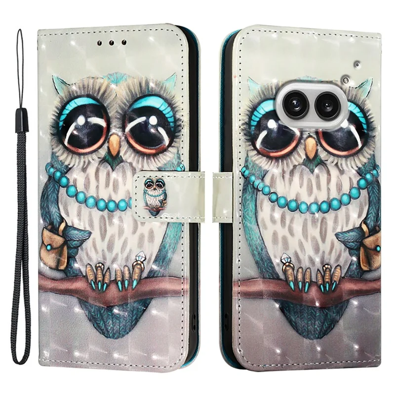 For Nothing Phone (2a) Plus / Phone (2a) Leather Case 3D Pattern Printing Wallet Stand Mobile Cover with Strap - Grey Owl