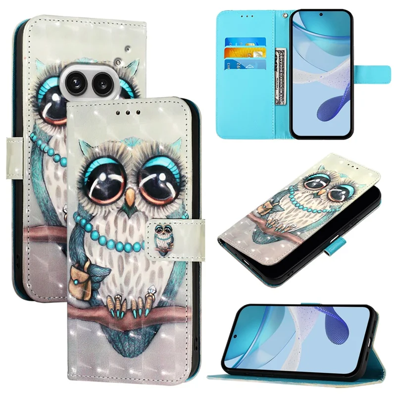 For Nothing Phone (2a) Plus / Phone (2a) Leather Case 3D Pattern Printing Wallet Stand Mobile Cover with Strap - Grey Owl
