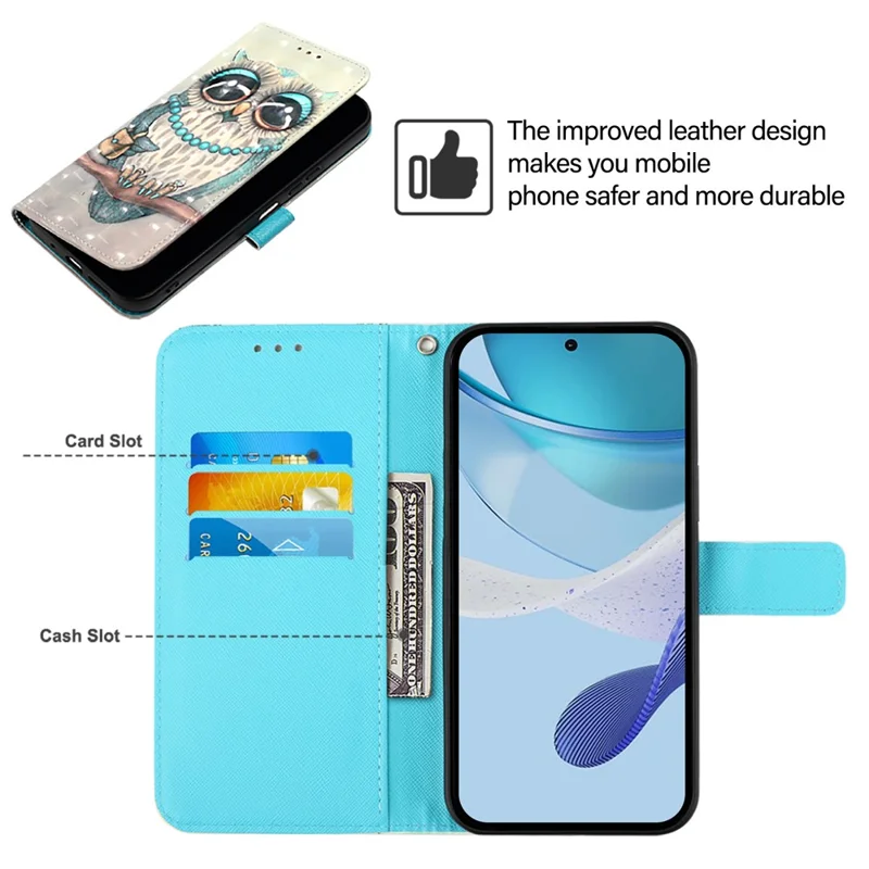 For Nothing Phone (2a) Plus / Phone (2a) Leather Case 3D Pattern Printing Wallet Stand Mobile Cover with Strap - Grey Owl