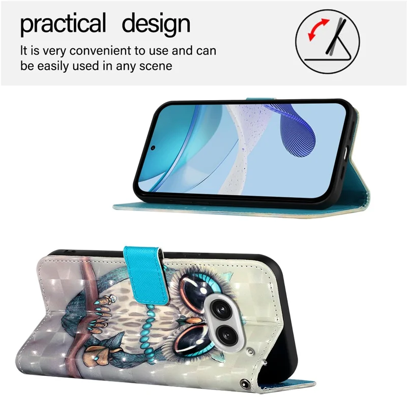 For Nothing Phone (2a) Plus / Phone (2a) Leather Case 3D Pattern Printing Wallet Stand Mobile Cover with Strap - Grey Owl
