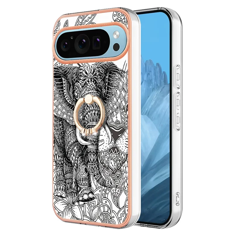 YB IMD Series-20 Style D for Google Pixel 9 / Pixel 9 Pro Case Electroplating 2.0mm TPU Protective Shell with Kickstand - Totem Elephant