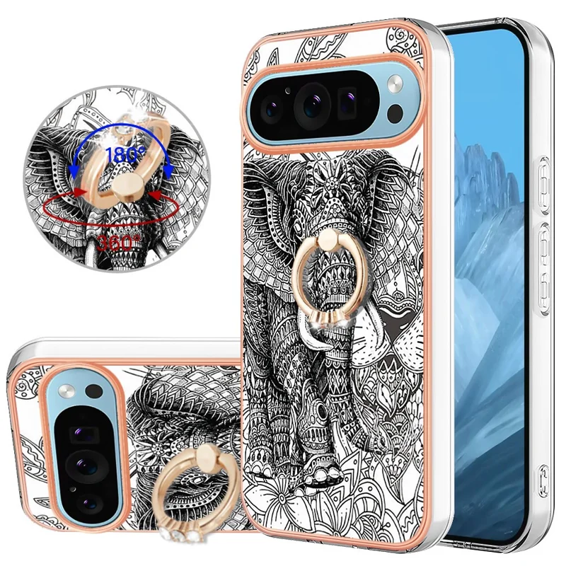 YB IMD Series-20 Style D for Google Pixel 9 / Pixel 9 Pro Case Electroplating 2.0mm TPU Protective Shell with Kickstand - Totem Elephant