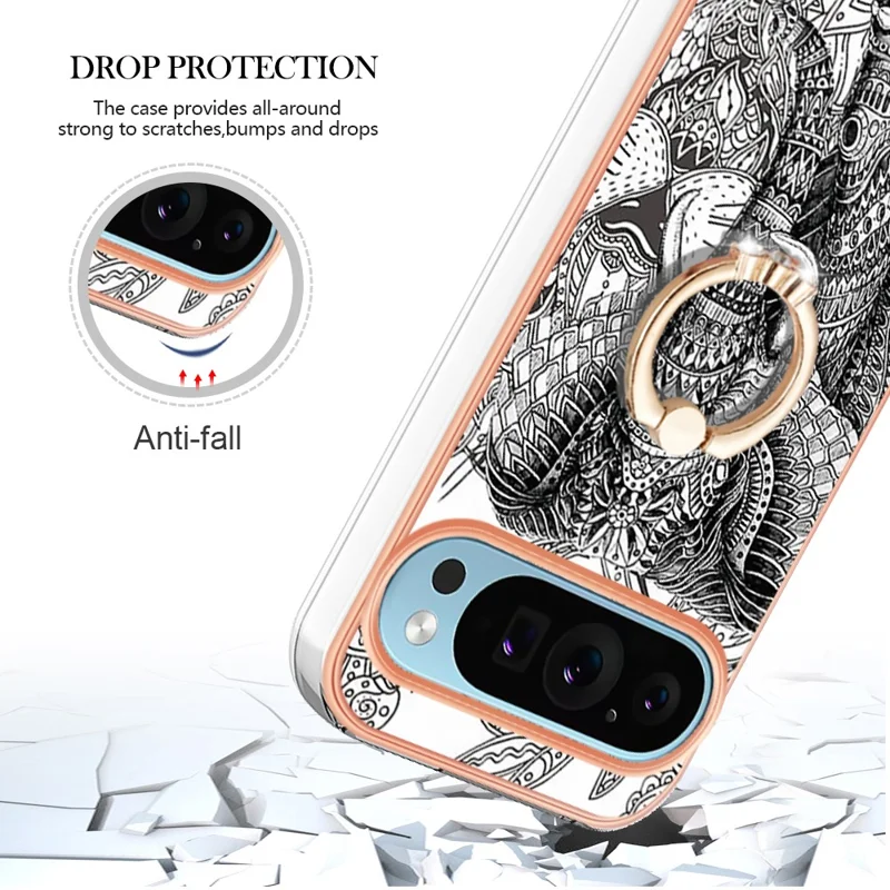 YB IMD Series-20 Style D for Google Pixel 9 / Pixel 9 Pro Case Electroplating 2.0mm TPU Protective Shell with Kickstand - Totem Elephant