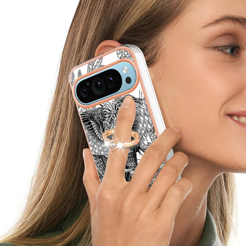 YB IMD Series-20 Style D for Google Pixel 9 / Pixel 9 Pro Case Electroplating 2.0mm TPU Protective Shell with Kickstand - Totem Elephant