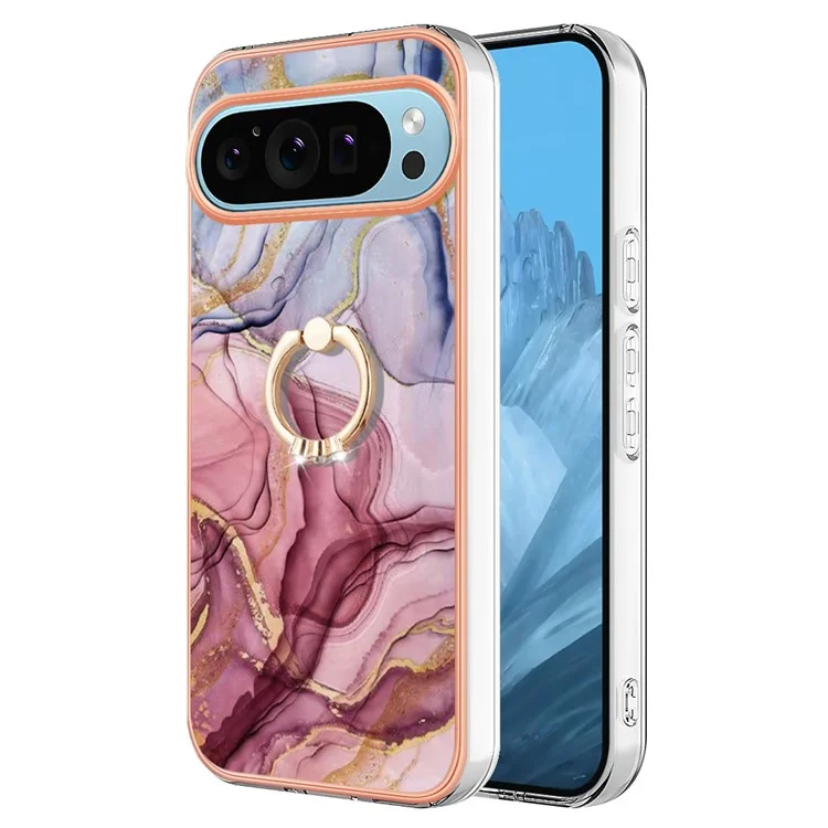 YB IMD Series-17 Style-E Para Google Pixel 9 / Pixel 9 Pro Capa TPU Eletroplatinada com Suporte - Rose Gold