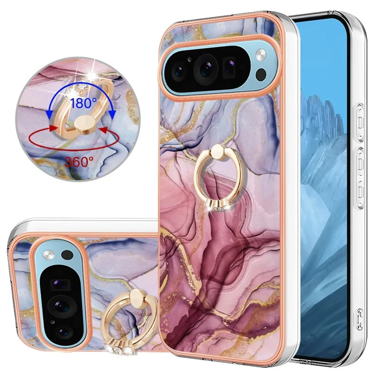 YB IMD Series-17 Style-E Para Google Pixel 9 / Pixel 9 Pro Capa TPU Eletroplatinada com Suporte - Rose Gold