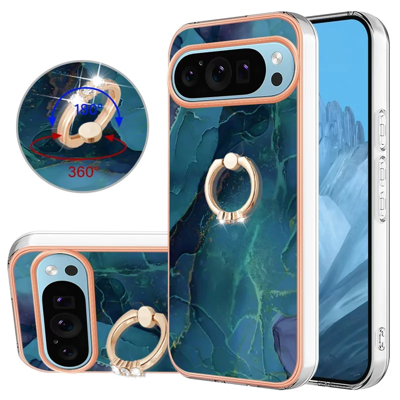 YB IMD Series-17 Style-E For Google Pixel 9 / Pixel 9 Pro TPU Case Electroplating Kickstand Marble Pattern Cover - Green