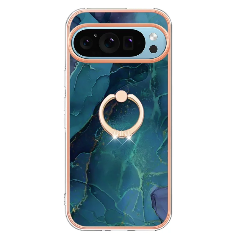 YB IMD Series-17 Style-E For Google Pixel 9 / Pixel 9 Pro TPU Case Electroplating Kickstand Marble Pattern Cover - Green