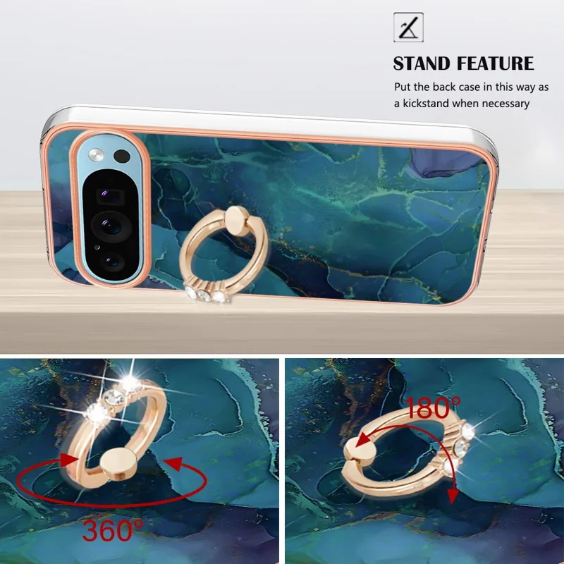 YB IMD Series-17 Style-E For Google Pixel 9 / Pixel 9 Pro TPU Case Electroplating Kickstand Marble Pattern Cover - Green