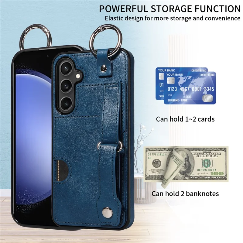 008 For Samsung Galaxy S23 FE Case Kickstand Card Slot Leather Coated TPU Phone Shell - Blue