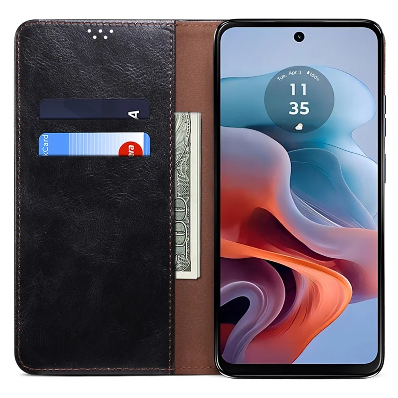 For Motorola Moto G24 Power Magnetic Phone Case Wallet Waxy Crazy Horse Texture Cover - Black