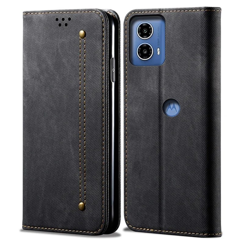 For Motorola Moto G24 Power Wallet Case Stand Denim Texture Leather Phone Cover - Black
