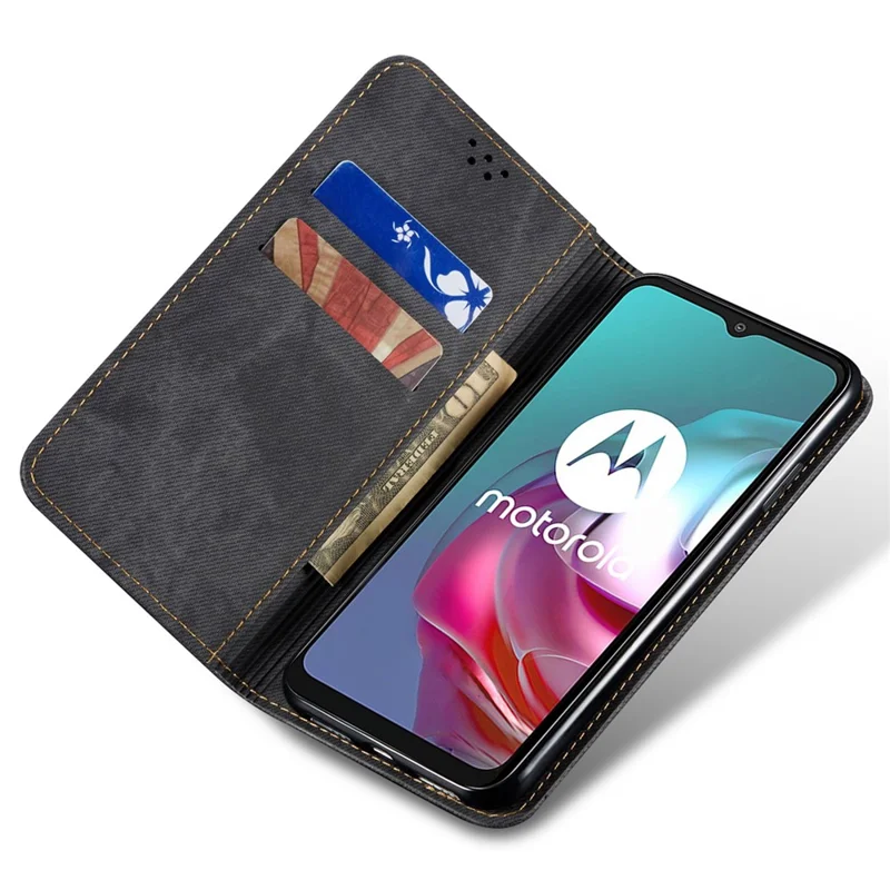 For Motorola Moto G24 Power Wallet Case Stand Denim Texture Leather Phone Cover - Black