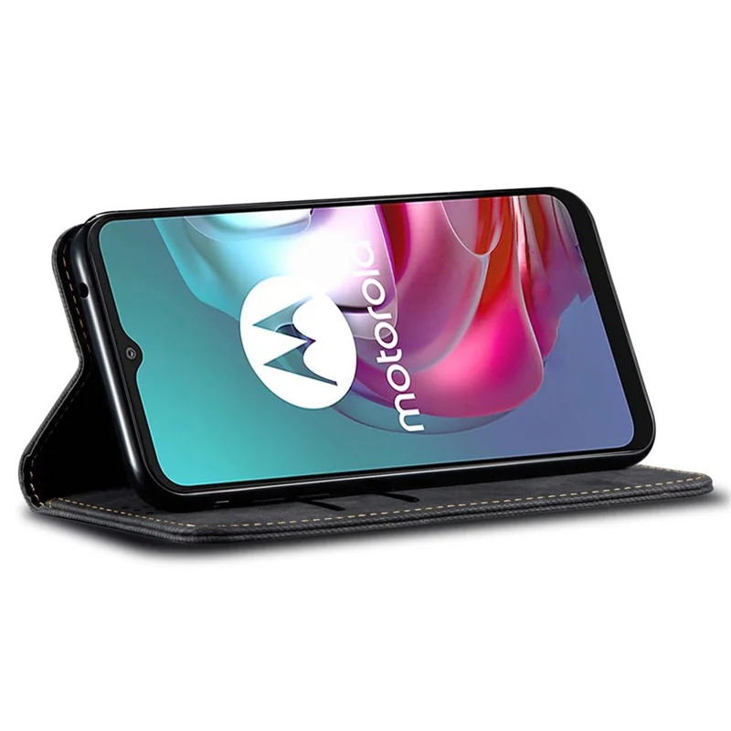 For Motorola Moto G24 Power Wallet Case Stand Denim Texture Leather Phone Cover - Black