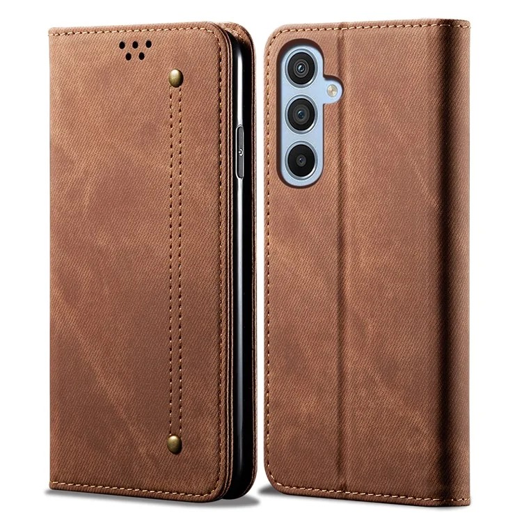 Per Samsung Galaxy M15 5G / F15 5G Custodia in Tela di Jeans con Texture in Pelle Portafoglio - Caffè
