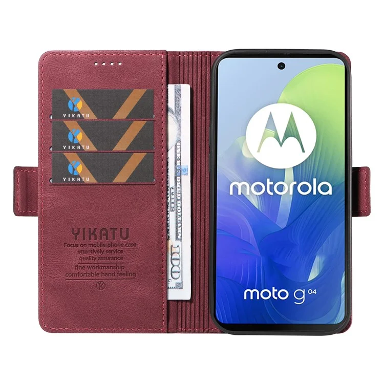 YIKATU YK-005 para Motorola Moto E14 4G / G04 4G / G04s 4G / G24 4G Caja Piel Suave Tacto-Piel de Apoyo Cubierta de teléfono - Vino Rojo