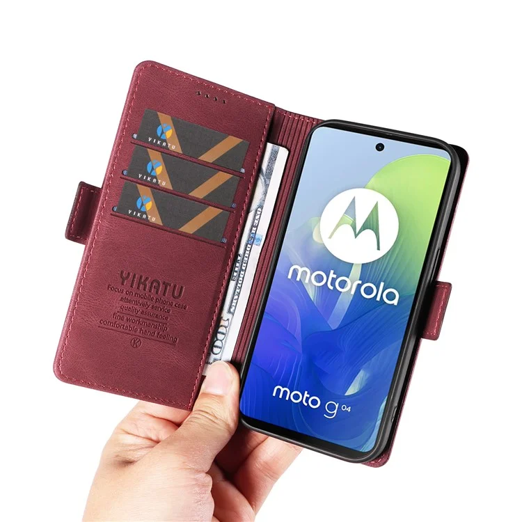 YIKATU YK-005 para Motorola Moto E14 4G / G04 4G / G04s 4G / G24 4G Caja Piel Suave Tacto-Piel de Apoyo Cubierta de teléfono - Vino Rojo
