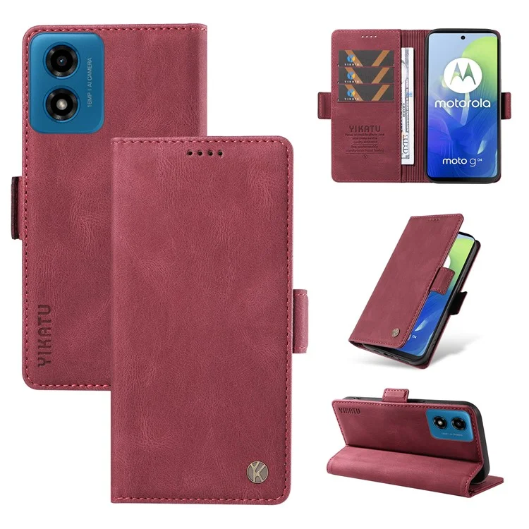 YIKATU YK-005 para Motorola Moto E14 4G / G04 4G / G04s 4G / G24 4G Caja Piel Suave Tacto-Piel de Apoyo Cubierta de teléfono - Vino Rojo