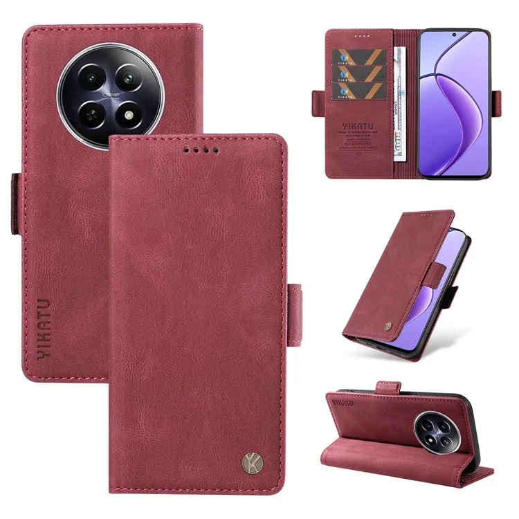 YIKATU YK-005 For Realme 12 5G Case PU Leather Skin-Touch Wallet Flip Phone Cover - Wine Red