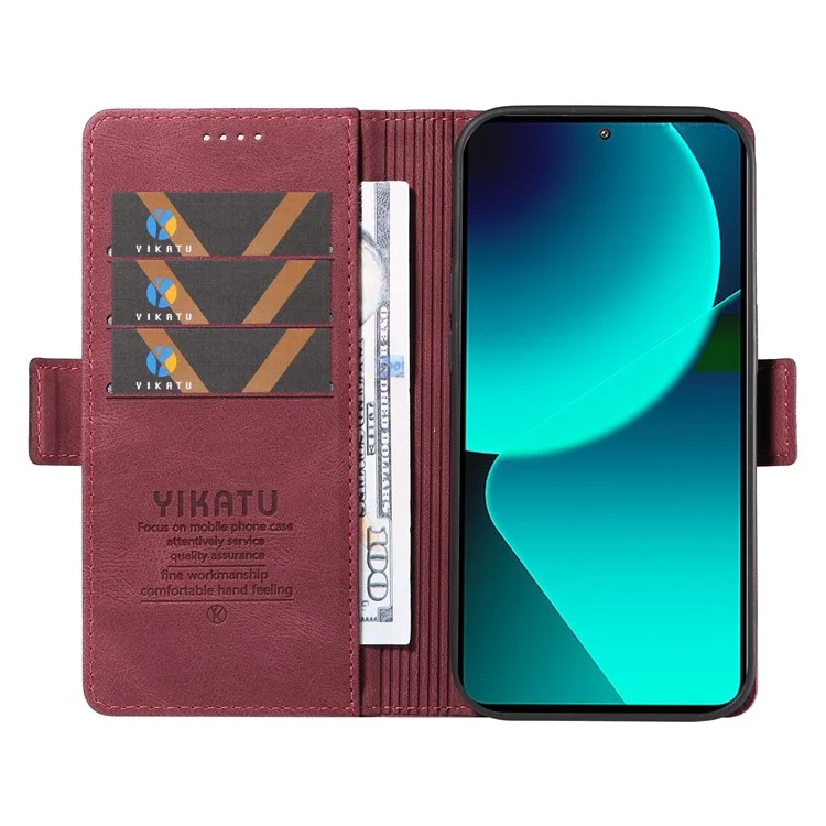 YIKATU YK-005 для Xiaomi 13T / 13T Pro / Redmi K60 Ultra, кожаный чехол-книжка с откидной подставкой и бумажником - винный красный
