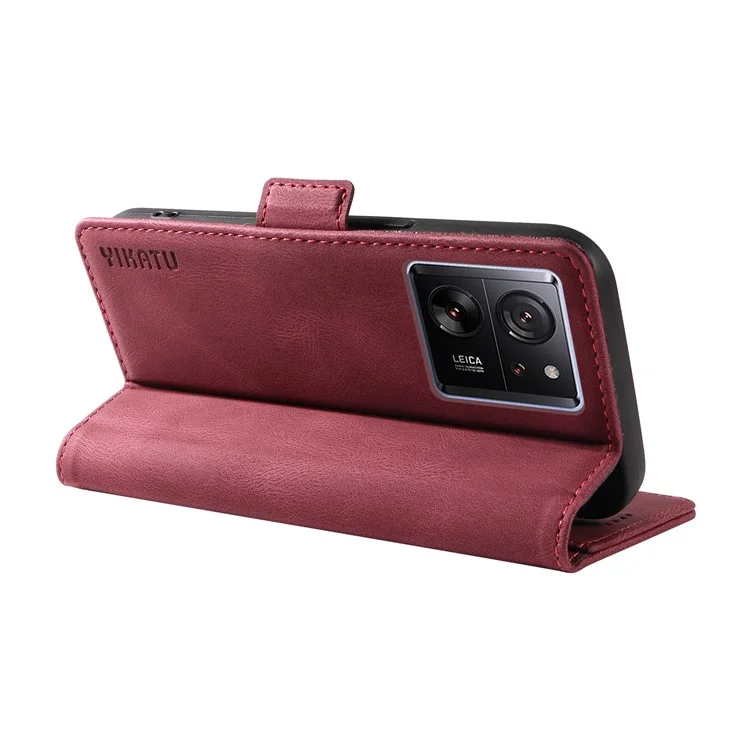 YIKATU YK-005 для Xiaomi 13T / 13T Pro / Redmi K60 Ultra, кожаный чехол-книжка с откидной подставкой и бумажником - винный красный