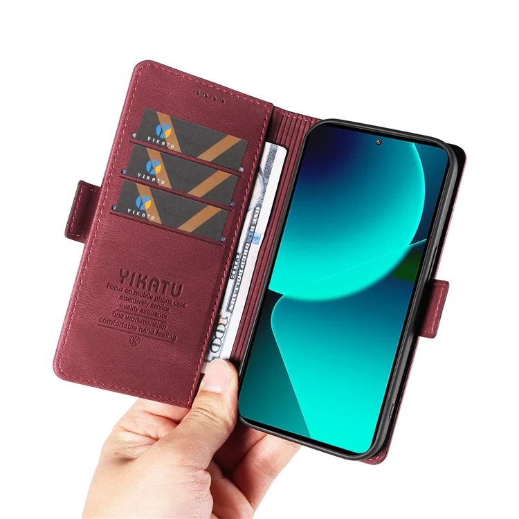 YIKATU YK-005 для Xiaomi 13T / 13T Pro / Redmi K60 Ultra, кожаный чехол-книжка с откидной подставкой и бумажником - винный красный