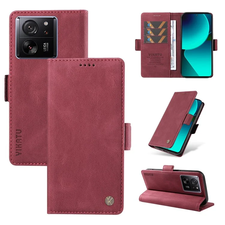 YIKATU YK-005 для Xiaomi 13T / 13T Pro / Redmi K60 Ultra, кожаный чехол-книжка с откидной подставкой и бумажником - винный красный