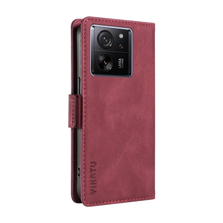 YIKATU YK-005 для Xiaomi 13T / 13T Pro / Redmi K60 Ultra, кожаный чехол-книжка с откидной подставкой и бумажником - винный красный