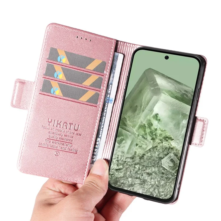 YIKATU YK-003 For Google Pixel 8a Wallet Case PU Leather Flip Phone Cover Viewing Stand - Rose Gold