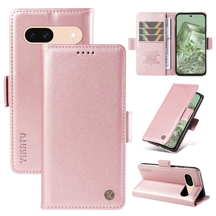 YIKATU YK-003 For Google Pixel 8a Wallet Case PU Leather Flip Phone Cover Viewing Stand - Rose Gold