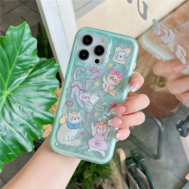 Funda para iPhone 13 Pro Caso TPU+PC Patrón de Gatito Conejito IMD Cubierta de Teléfono - Verde