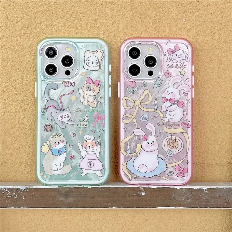 Funda para iPhone 13 Pro Caso TPU+PC Patrón de Gatito Conejito IMD Cubierta de Teléfono - Verde