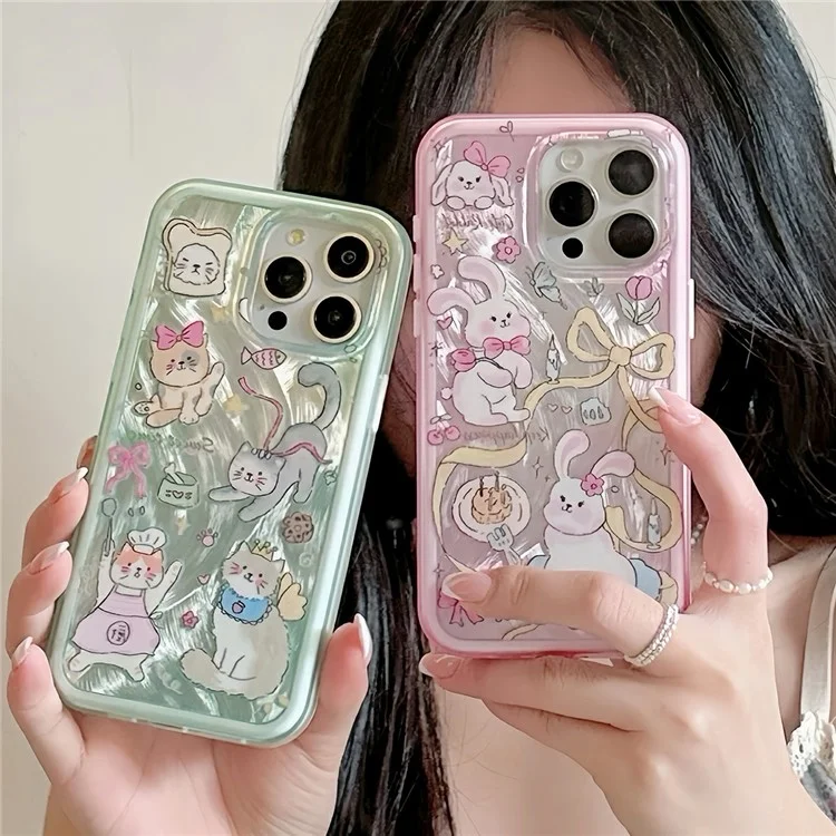 Funda para iPhone 13 Pro Caso TPU+PC Patrón de Gatito Conejito IMD Cubierta de Teléfono - Verde
