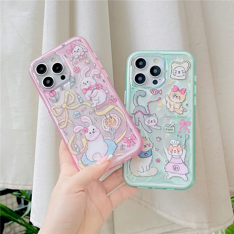 Funda para iPhone 13 Pro Caso TPU+PC Patrón de Gatito Conejito IMD Cubierta de Teléfono - Verde