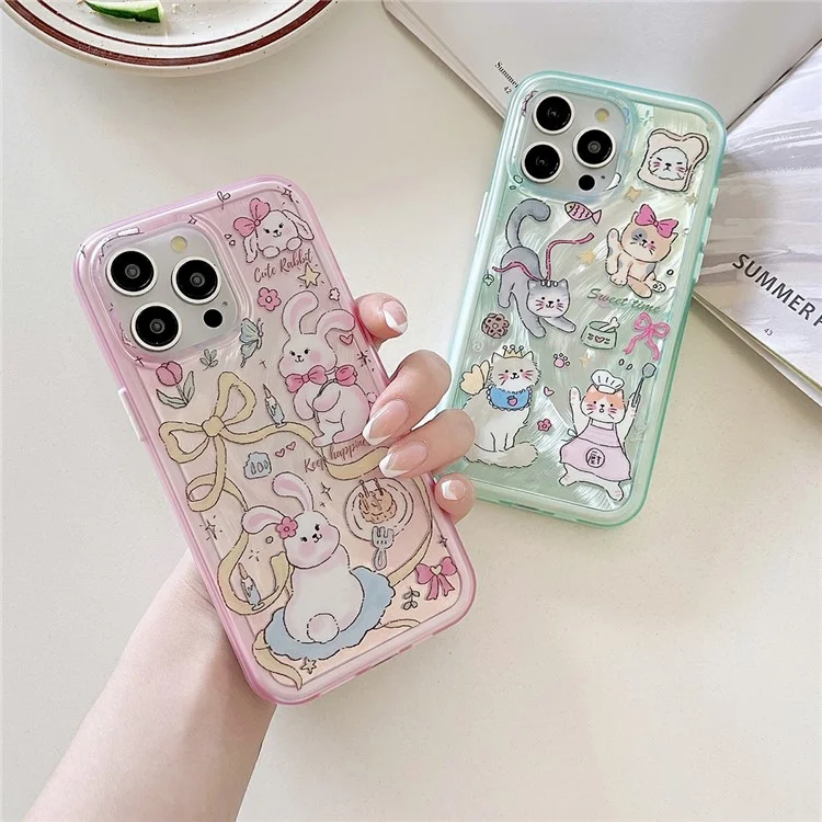 Funda para iPhone 13 Pro Caso TPU+PC Patrón de Gatito Conejito IMD Cubierta de Teléfono - Verde